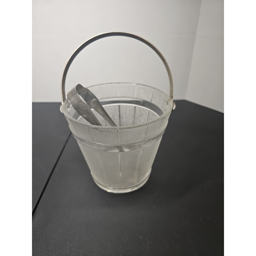 Vintagr Depression Textured Clear Glass Keg Barware Ice Bucket w/ Handle & Tongs